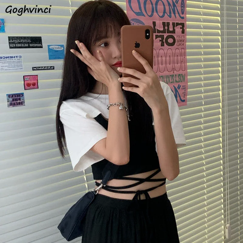 

Women Sets 2 Piece Fashionable Lace Up Camis Super-short Loose O-Neck T-shirt Solid Leisure Korean Version All-match Summer Chic