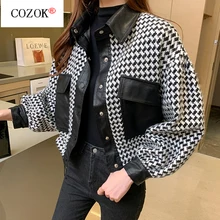 

Small Fragrance Short Jacket Female 2021 Autumn and Winter New Houndstooth Stitching PU Leather All-match Small Jacket coat