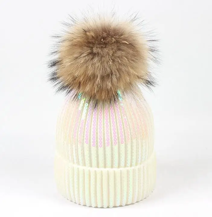 Зимняя шапка для девочек, шапка с натуральным норковым помпоном, детские шапки для мальчиков, 0751 - Цвет: Слоновая кость