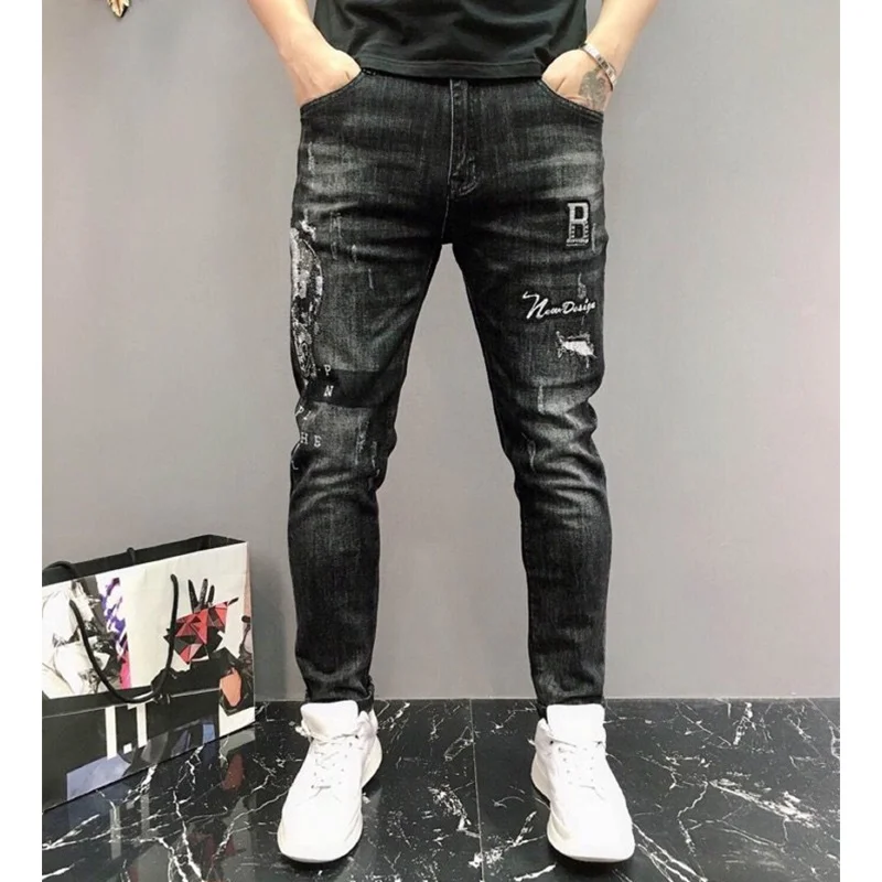 Starbags pp стрейч джинсы патч ткань мужской корейской версии slim fit Маленькие ноги нищий брюки Молодежный Глубокий серый тренд - Цвет: Черный