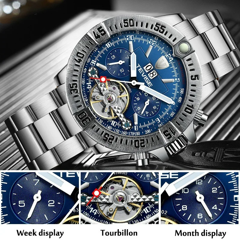 TEVISE Reloj Hombre мужские часы лучший бренд автоматические механические часы мужские роскошные часы из нержавеющей стали ремешок Tourbillon часы 839B-002