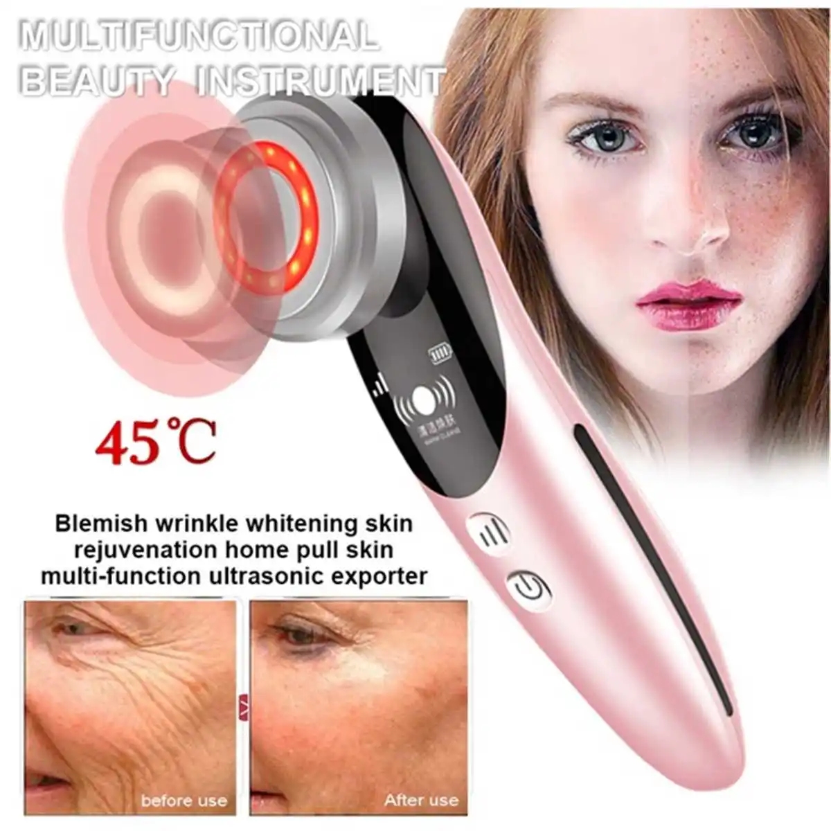 NEW 45°C Heating Ultrasonic Vibration EMS Micro-Current Whitening Anti-Wrinkles Freckles Removal Facial Beauty Instrument USB