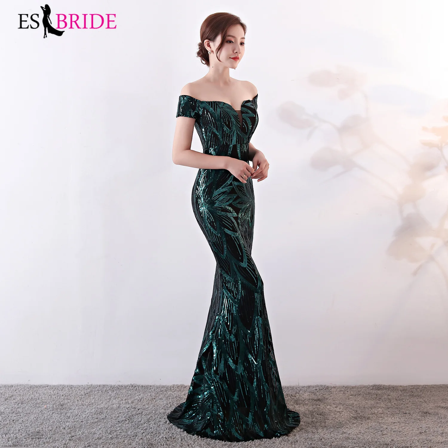 Sexy Prom Dresses Long Cheap V-neck Off the shoulder Black with Gold Embroidery Mermaid Prom Dress Vestido De Festa ES2848