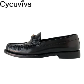 

Black Genuine Leather Loafers Shoes Femme Chic Metal Decor Platform Casual Shoes Woman Round Toe Slip On Flat Ladies Shoes