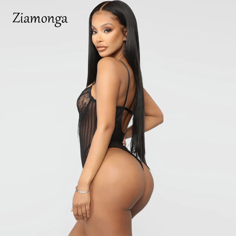 Ziamonga Strappy Striped Lace Bodysuit Sexy Backless Jumpsuit Female Body Mujer Mesh Sheer lace Teddy Push up Bodysuits