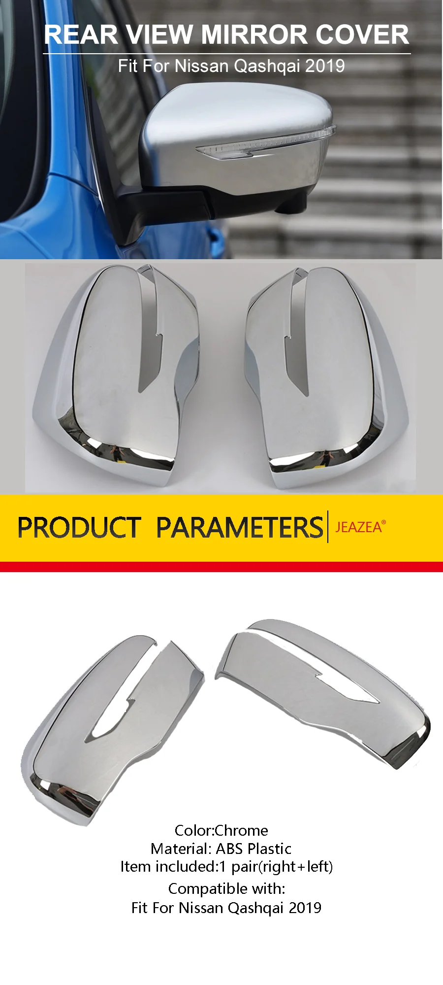 JEAZEA 1 Pair Rear view Mirror Cover Trim Chrome styling Fit For Nissan Qashqai Auto Accessory