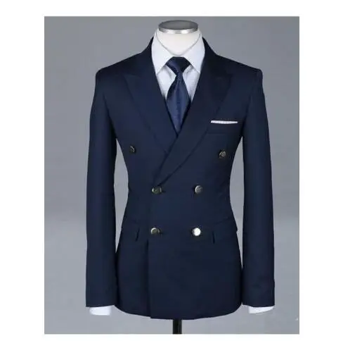 

Navy Blue Double Breasted Man Blazer Slim Fit Two Pieces Men Suits With Pants Groom Tuxedo Wedding Prom Suits Ternos Masculino