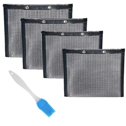 Bbq Grill Mesh Bag, Non-Stick Bbq Grill Bag Grill Reusable And Easy To Clean Non-Stick Grid Grill Bag With Brush (4 Pack)