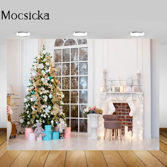 Mocsicka Christmas Living Room Backgrounds Christmas Tree Fireplace Garland Xmas Backdrop Decorations Newborn Photography Props Style-2