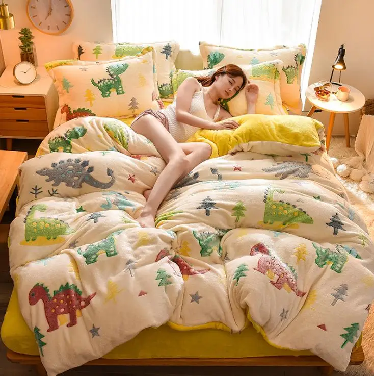 Winter Flannel Fleece duvet cover single Comforter cover Home textile 1pc cartoon Solid warm quilt cover Velvet bedcover