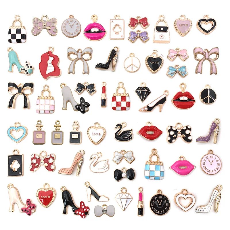 

Mixed 10pcs Enamel Lips Butterfly Knot Shoes Swan Girl Charms DIY Bracelet Pendant Neacklace Keychain Jewelry Making Findings