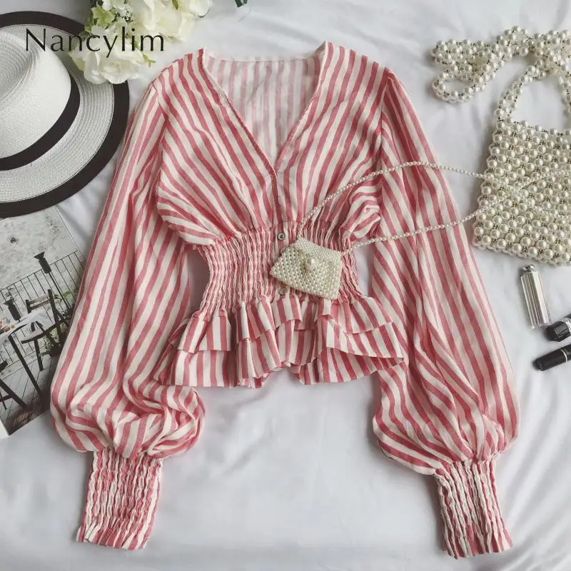 

Elegant Stripes Shirt Woman V Collar Bubble Sleeve High Waist Flounce Shirt Jacket Female Lady Red Striped Blusas Female Tops