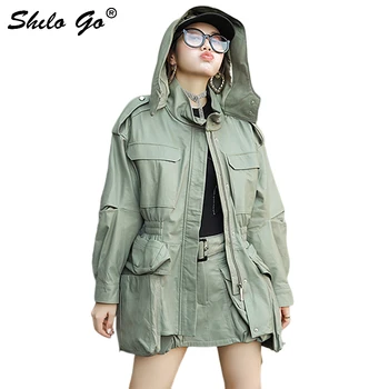 

Genuine Leather Jacket Drop Shoulder Front Pocket Zip Hooded Coats Women Autumn Causal Elastic High Waist Bishop Sleeve Outwear