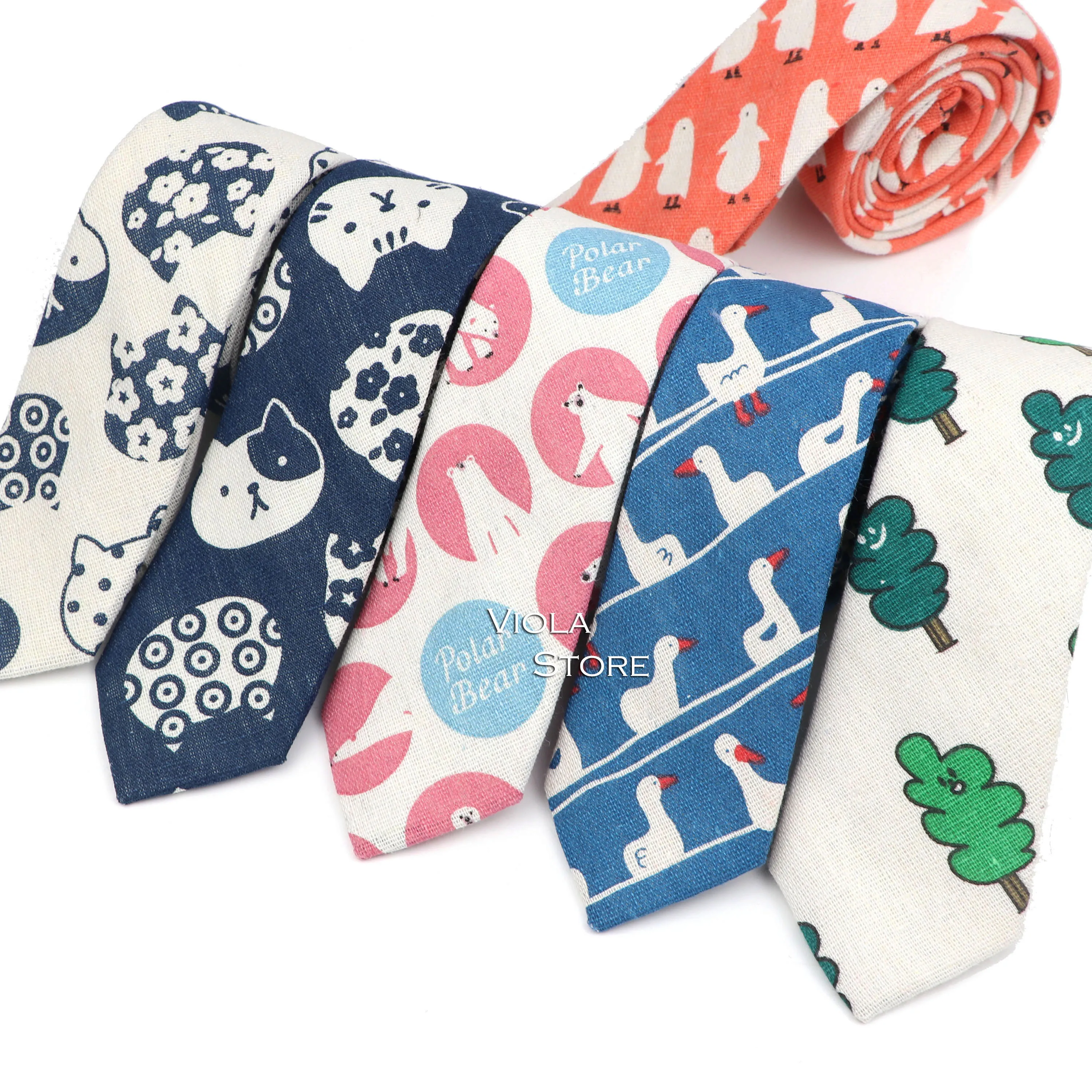 Cute Linen Cartoon Duck Cat Bear Tree 6cm Printed Funny Animal Tie Men Narrow Striped Slim NeckTie Gifts Cravat Accessories neck ties