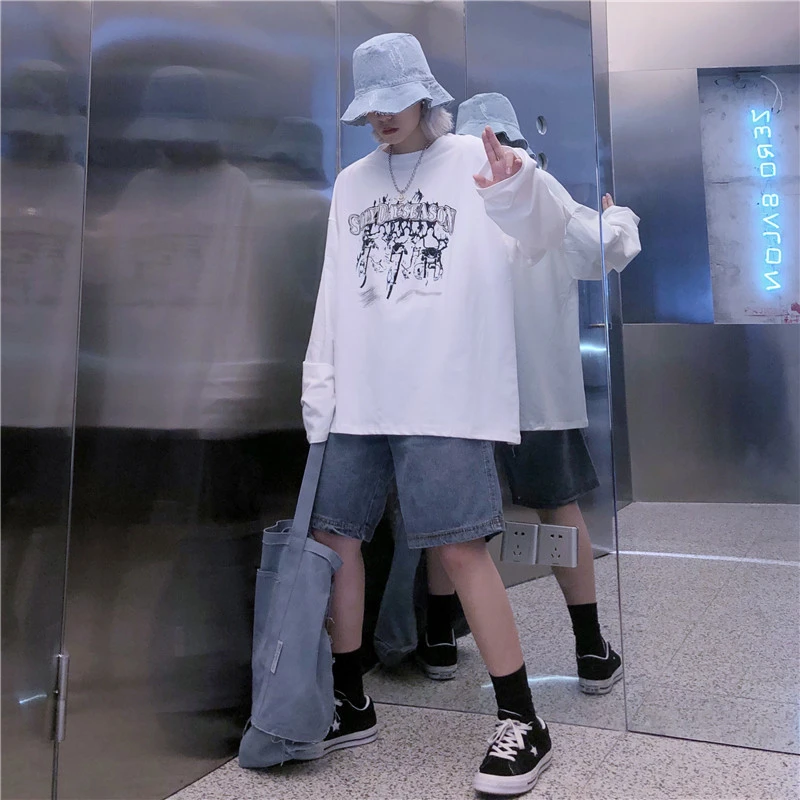 Harajuku уличная футболка для женщин осенняя одежда Корейский Ulzzang Винтаж Рок печатных футболки женские с длинным рукавом Футболка Топ
