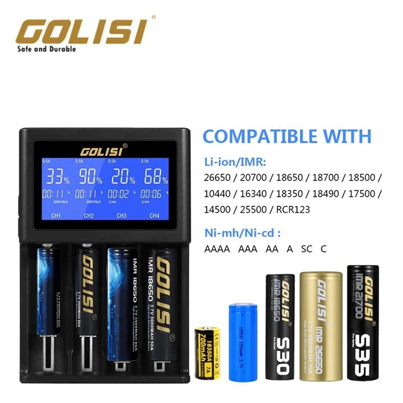 GOLISI i4 Smart Charger 18650 26650 20700 Battery LCD Screen Display USB 4 slots Charging AA AAA Intelligent 2A Fast Charger