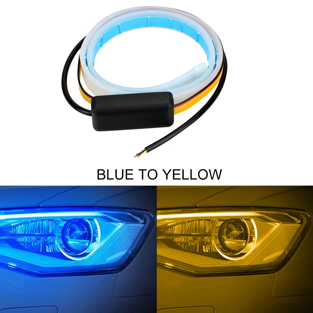 Blue Yellow LEEPEE Автомобильные светодиодные полосы DRL 45 60 см, дневной ходовой светильник, белые указатели поворота, желтые гибкие мягкие трубки, направляющие ультратонкие 12 В - Цвет: Blue Yellow