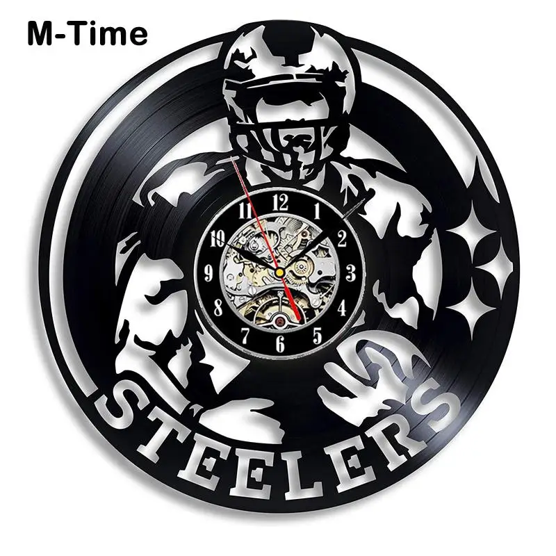 Современный Дизайн Виниловая запись настенные часы Steelers Американский футбол