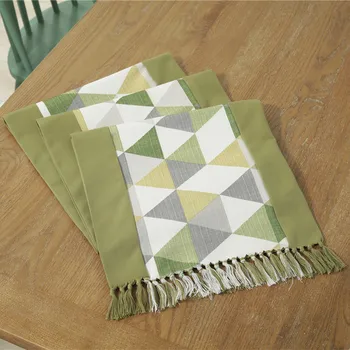 

38x180/200/220/240cm green geometric table runner fringes tassel table cloth cabinet cloth dust proof towel household bed runner