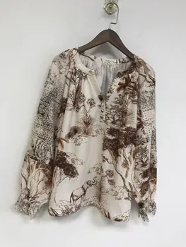 

2020 Autumn Shirt Women Print Puff Sleeve V-neck Female Blouse Embroidery Hollow Out Long Sleeve Blouse