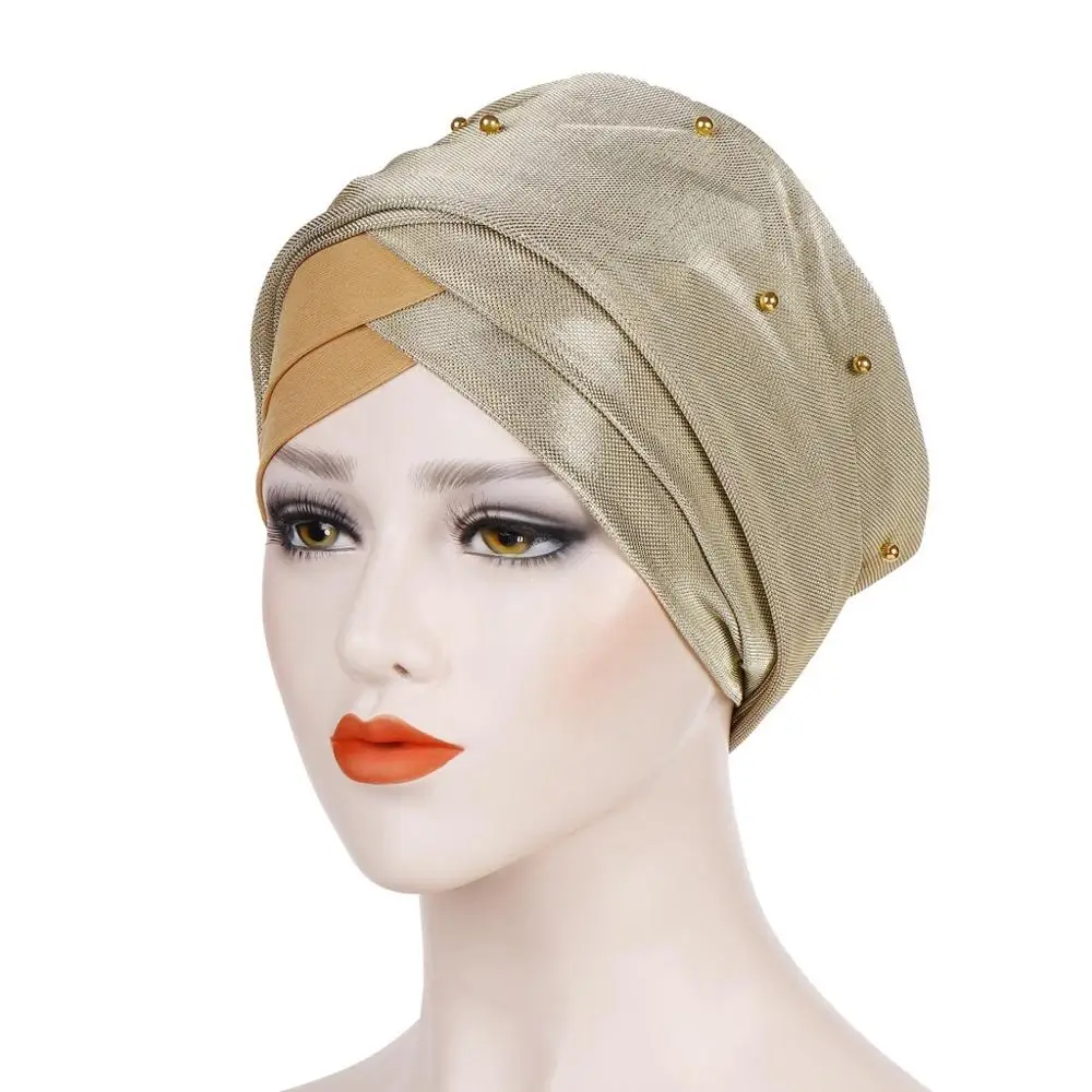 Мусульманский головной платок, шапка, мусульманские женские шапки из бисера, Тюрбан Хиджаб, Индия, africain, 3 складки, тюрбан, femme musulman turbante mujer - Цвет: 7
