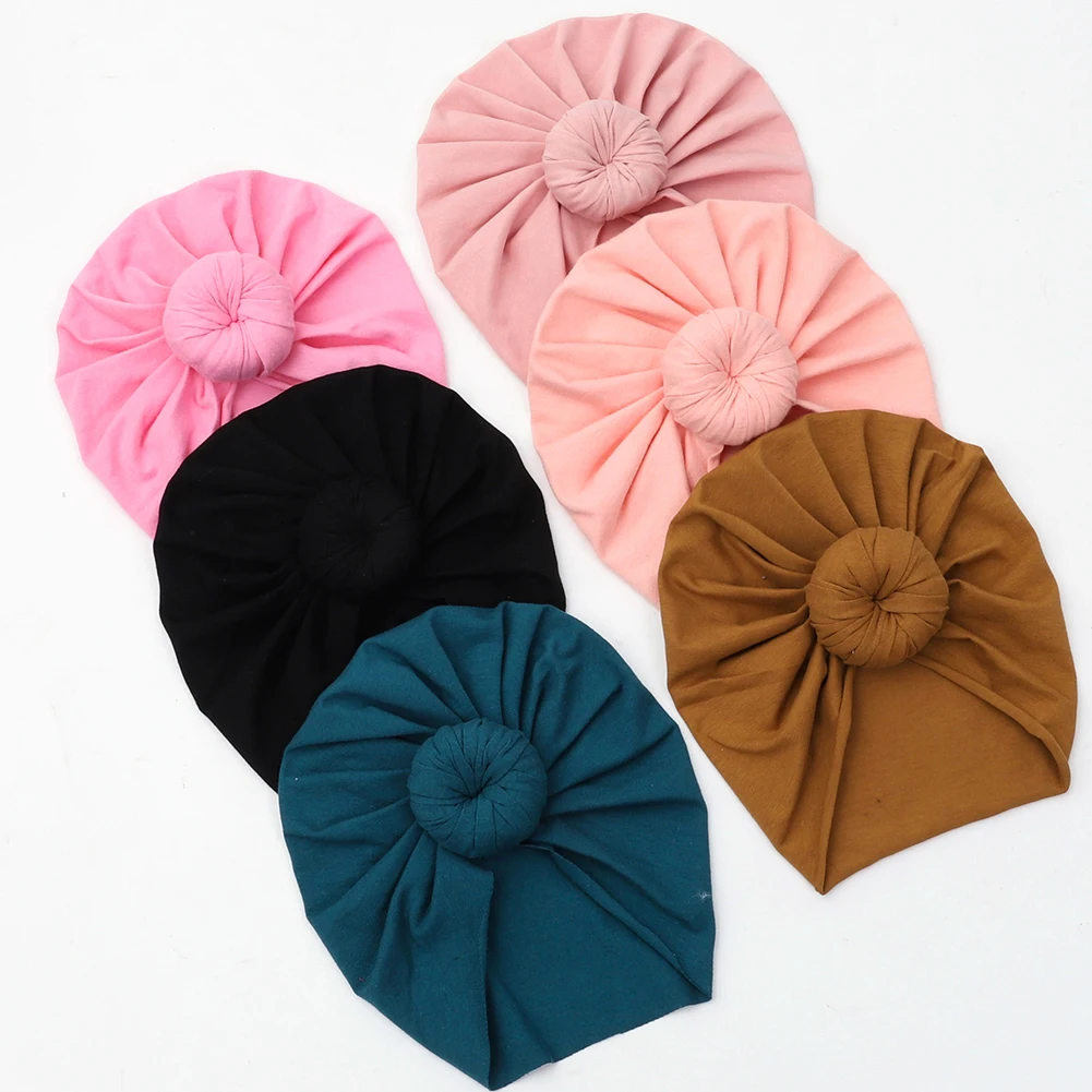 Solid Cotton Donuts Baby Boy Girls Cap Hat 0-4T Sweet Newborn Skullies Beanies Soft Turban India Topknot Headwraps Accessories