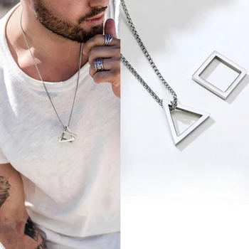 

POPULAR INTERLOCKING SQUARE TRIANGLE MALE PENDANT FOR MEN STAINLESS STEEL MODERN TRENDY GEOMETRIC STACKING STREETWEAR NECKLACE
