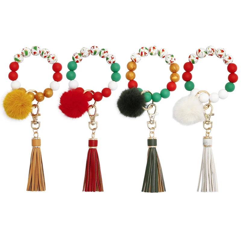 Silicone Beaded Christmas Keychain Christmas Bracelet Wrist Keychain