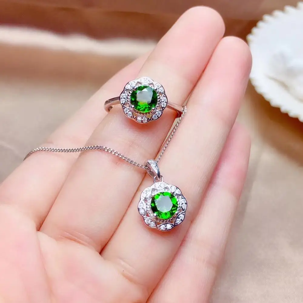 Natural green diopside party jewelry sets natural gemstone ring necklace S925 silver Fashion rose Flowers Shape girl jewelry