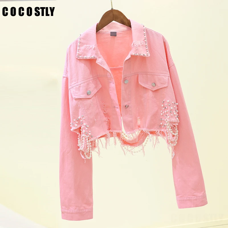

Autumn Streetwear Pink White Women's Jeans Jacket Coat Beading Hole Short Female Denim Jackets Long Sleeve Loose Cowboy Outwear
