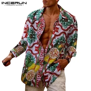 

INCERUN Men Hawaiian Print Shirt Long Sleeve Button Loose Lapel Streetwear Retro Casual Shirts Men Tropical Vacation Blouse 5XL