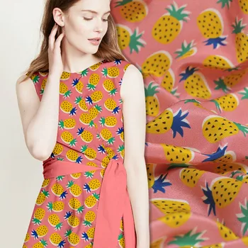 

140cm wide pineapple printed silk fabric meter digital printing silk crepe de chine fabric 16mm shirt dress fabric silk cloth