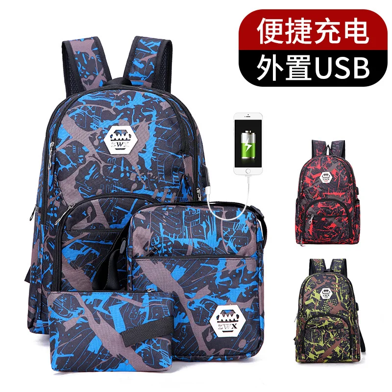 

Wholesale Cross Border Backpack Men Students Trend USB Rechargeable School Bag Casual Three-piece Set Computer Bag Female Backpa