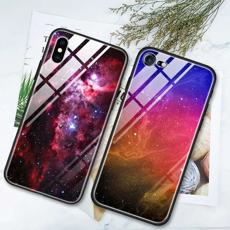 Чехол из закаленного стекла для Apple iPhone 8 7 6 6S Plus, чехол для iPhone 11 11Pro XS MAX XR X, силиконовый край, Звездный градиент пространства