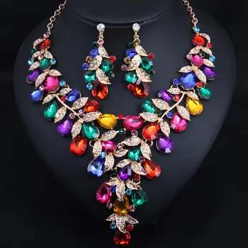 

NEW WOMEN'S JEWELRY SET EUROPEAN AMERICAN EXAGGERATED RHINESTONE FLOWER CLAVICLE NECKLACE EARRING FEMALE PARTY DRESS ACCESSORIES