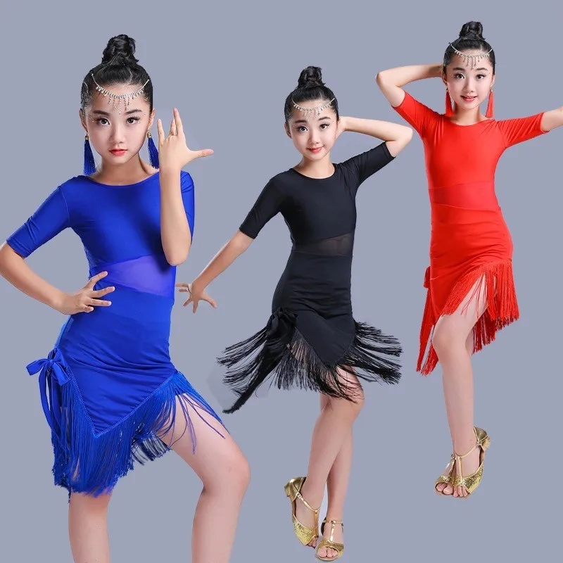 

Детское платье для латиноамериканских танцев, одежда для латиноамериканских танцев с бахромой, костюм для сальсы, платья для Бальных Танго черного и красного цветов, 2021