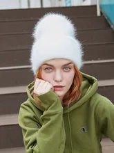  ENJOYFUR Winter Hats for Women Warm Long Rabbit Fur Hair Female Caps Fashion Solid Colors Wide Cuff Young Style Beanies 
