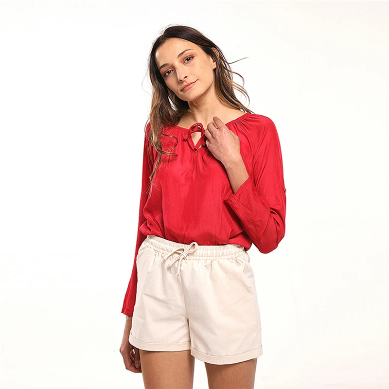 White/Blue Shirt Long Sleeve Cotton Drawstring Casual Long Sleeve Female Shirts Summer Shirt Work Tops