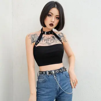

Sleeveless Black Crop Top Women Casual Sexy Halter Top Streetwear Punk Style Slim Halter Solid Backless Wrap Bras