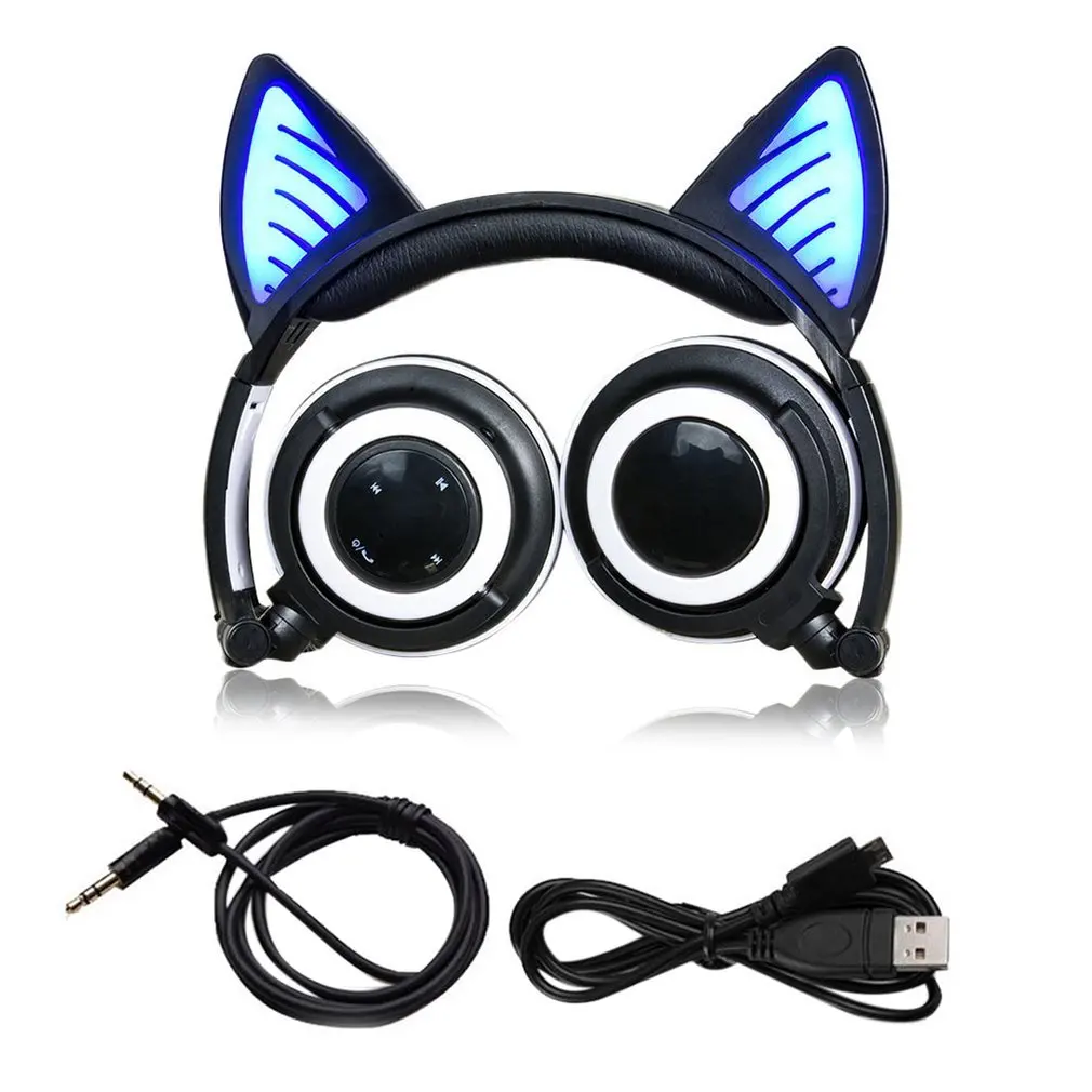 Черный Складные Косплей кошачьи ушки Bluetooth наушники Беспроводная Проводная универсальная стереогарнитура светодиодный свет мигающие наушники с микрофоном - Цвет: Черный
