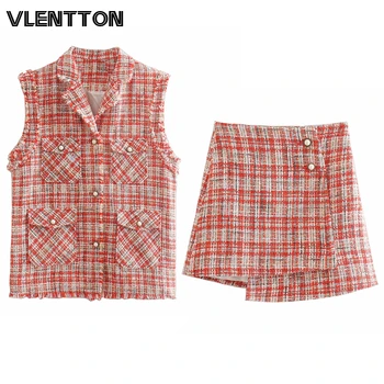 

2020 Spring Autumn Tweed 2 Piece Set Women Pearls Button Tassel Sleeveless Jacket Vest Tops+Mini Skirt Sets Office Suits Female