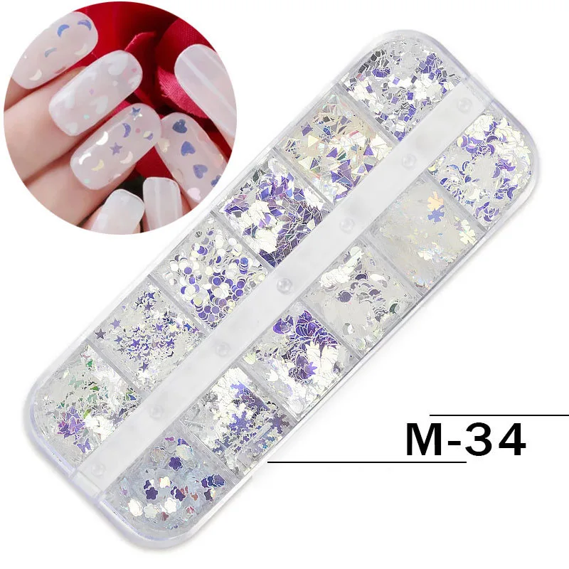 1 коробка смешанные блестящие AB цветные украшения для дизайна ногтей 3D Блестки для ногтей круглый жемчуг со стразами DIY блестящие очаровательные цветы лазерные наклейки - Цвет: M34