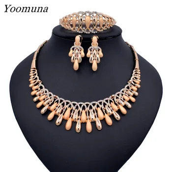 

trendy Dubai gold jewelry sets for women crystal Earrings Nigerian Beads Necklace jewelry set for Wedding Fashion jewelry