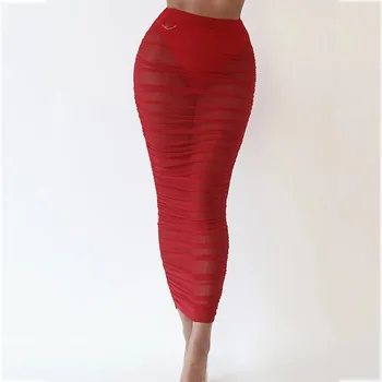 

Articat High Waist Sheer Mesh Skirt Women Sexy See Through Pleated Elastic Blodycon Party Long Skirt Summer Maxi Pencil Skirts