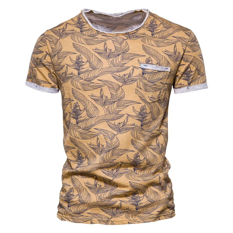Мужская футболка с принтом листьев и карманами 100% хлопок 2021 | одежда