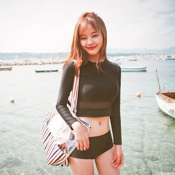 

2018 South Korea New Style Long Sleeve Sun-resistant Sexy Triangle Two-piece Swimsuits Women's Gauze Joint Small Bust Slimming S