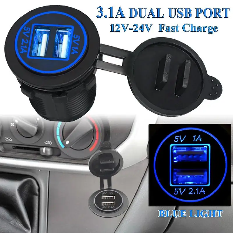 

12V-24V Car Cigarette Lighter Socket Dual 1A/2.1A USB Port Charger Power Outlet