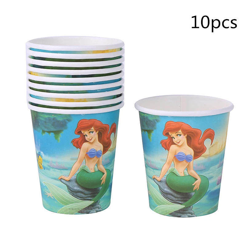 Cup 10pcs С Днем Рождения Русалочка Ариэль девушки одноразовая посуда набор бумажные тарелки и стаканы детские салфетки Свадебная вечеринка с принцессой - Цвет: Cup 10pcs