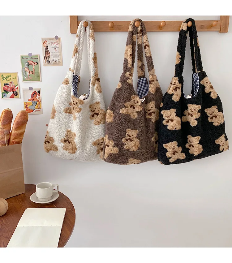 Women Plush Shoulder Bag Warm Cloth Fabric Handbag Soft Canvas Tote Large Capacity Shopping Bags Cute Bear Book Bags For Ladies