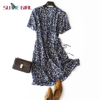 

SUDIE Girl Noble, light and elegant short-sleeve V-neck temperament dress Seductive and charming French double-layer silk dress